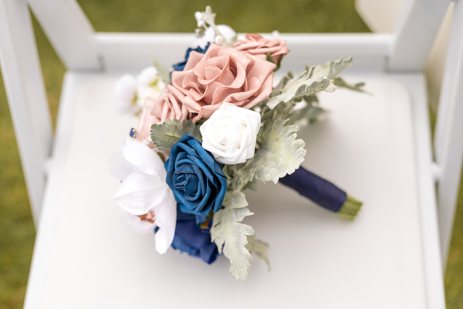 blue and pink silk flower bouquet