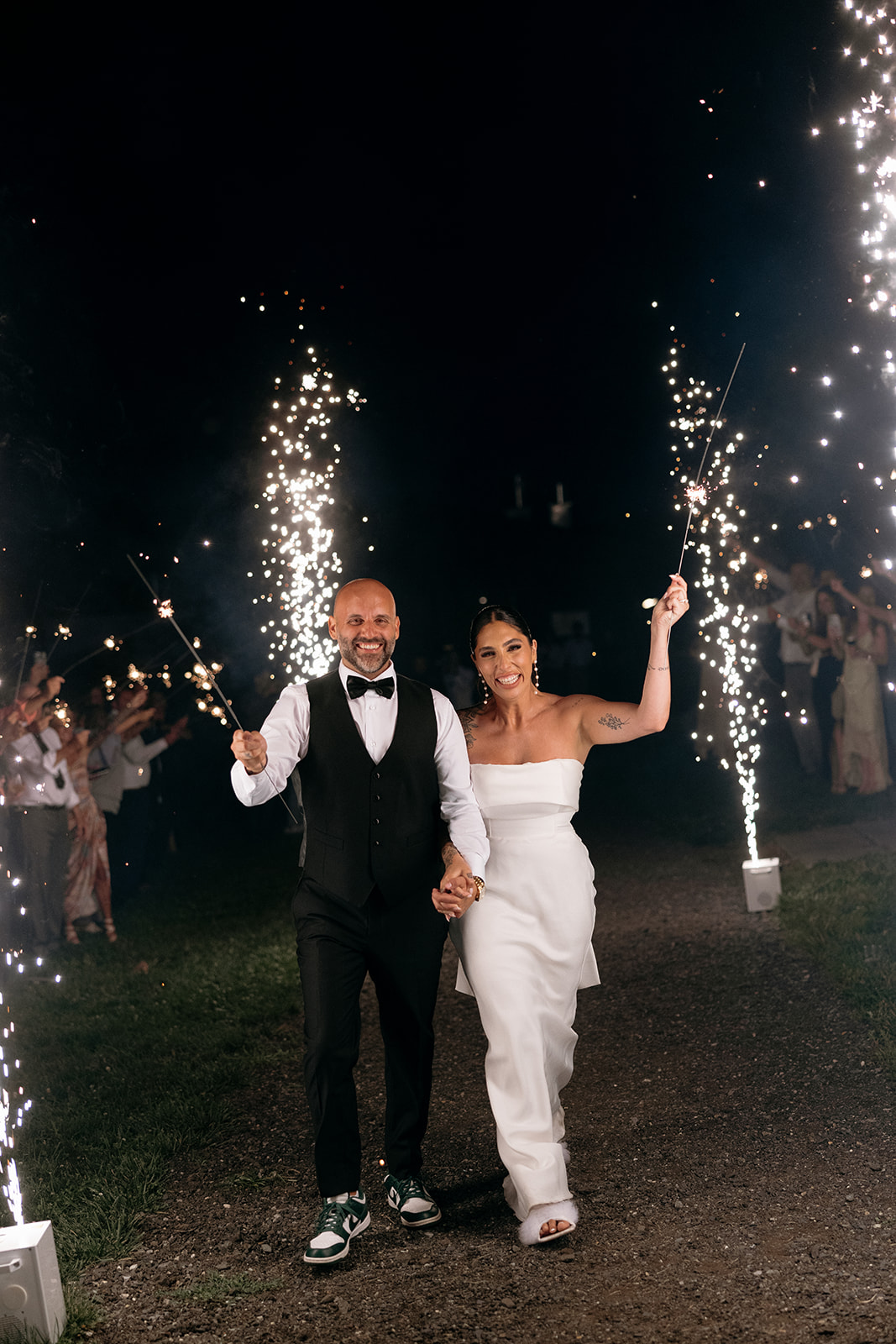 Bride and groom sparkler exit during wedding reception at Audrey's Farmhouse