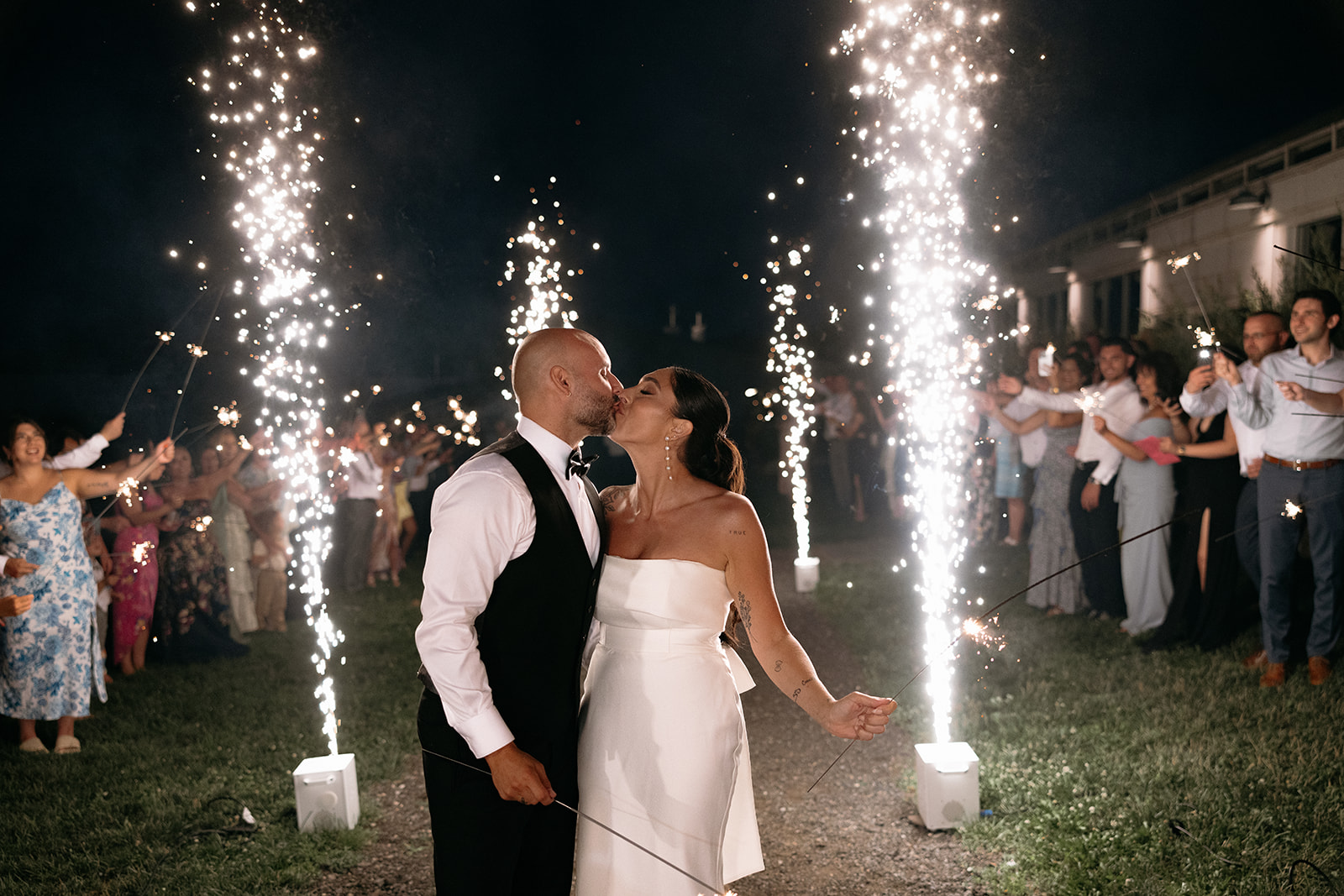 Bride and groom sparkler exit during wedding reception at Audrey's Farmhouse
