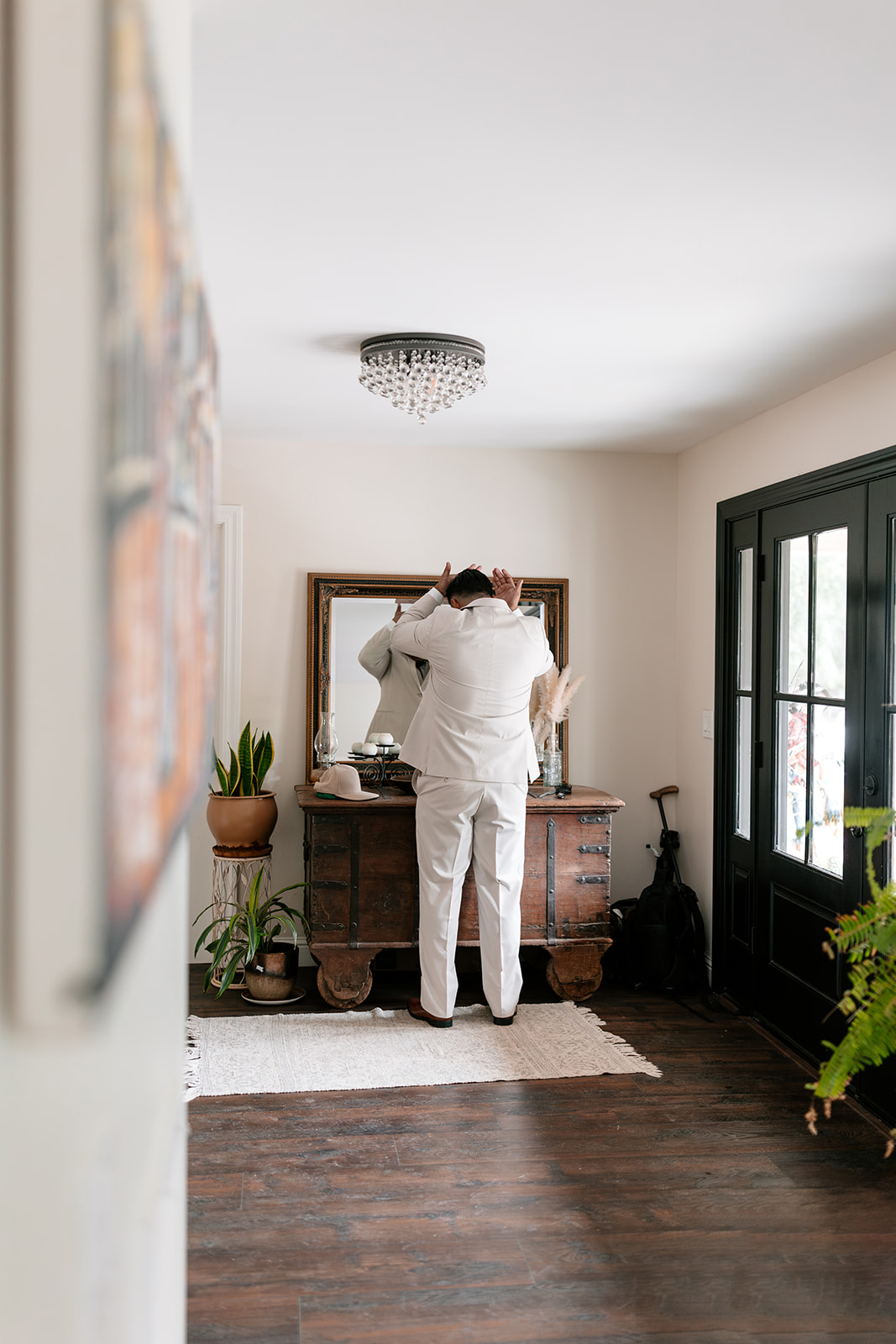 sacramento california backlyard wedding norcal groom getting ready photos beige white wedding suit groom suits groomsmen