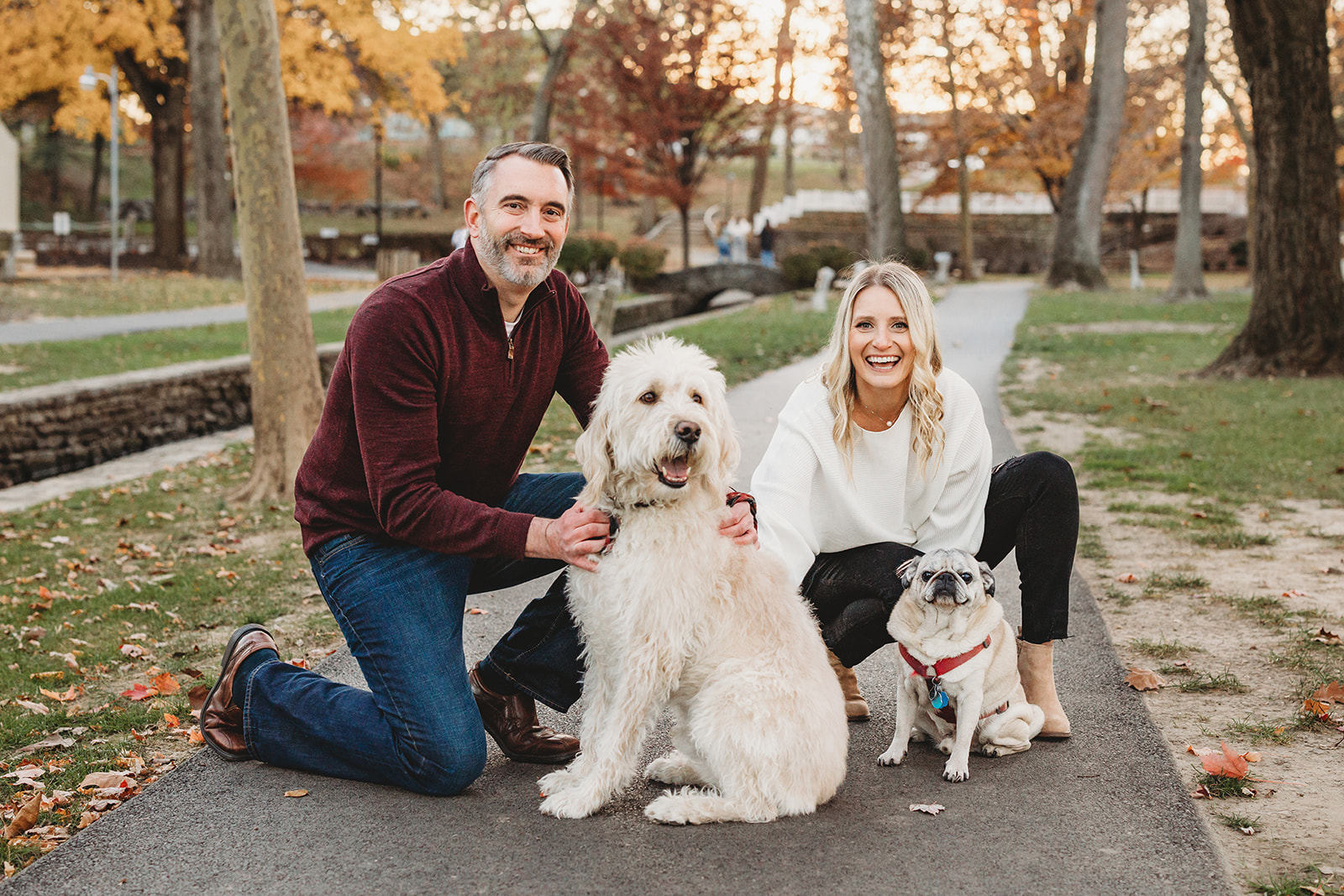 outdoor fall engagement session at Lititz Springs Park in central Pennsylvania Wilbur Buds railroad tracks dogs