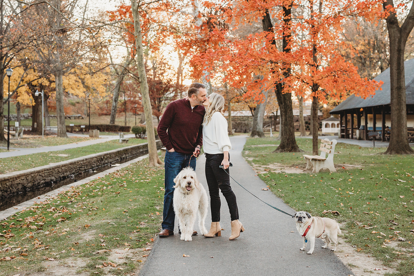 outdoor fall engagement session at Lititz Springs Park in central Pennsylvania Wilbur Buds railroad tracks dogs