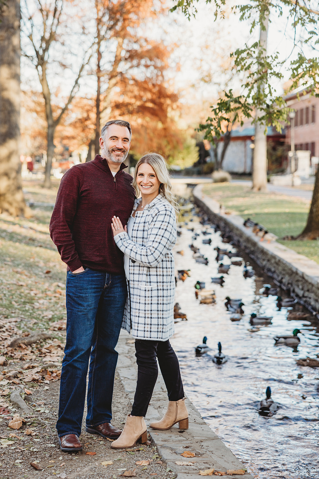 outdoor fall engagement session at Lititz Springs Park in central Pennsylvania Wilbur Buds railroad tracks ducks