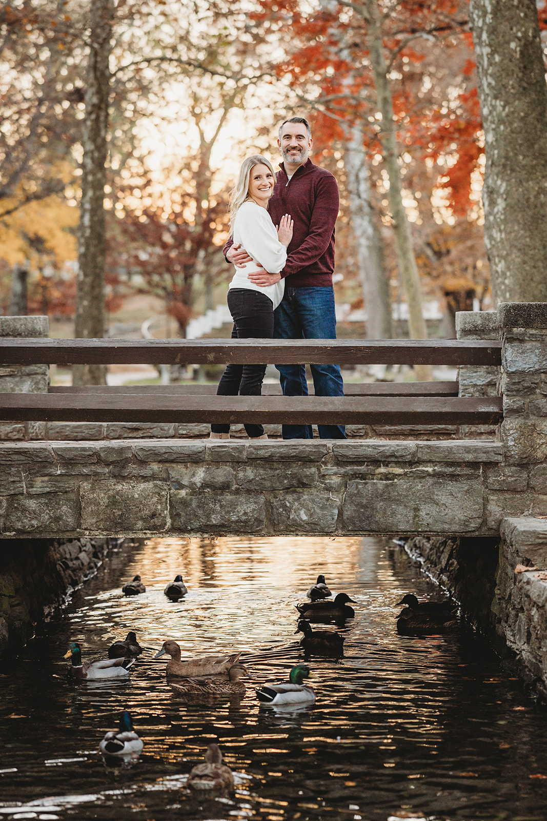 outdoor fall engagement session at Lititz Springs Park in central Pennsylvania Wilbur Buds railroad tracks ducks