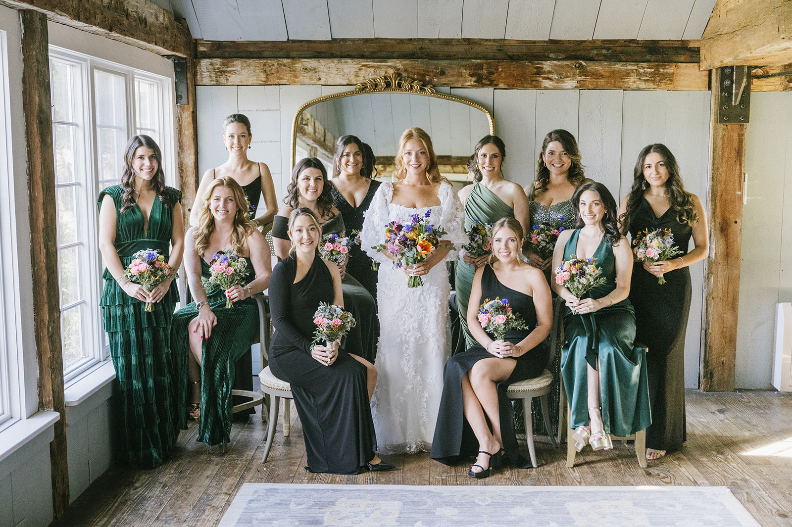 Hunter green mismatched bridesmaid gowns at Crossed Keys Estate 