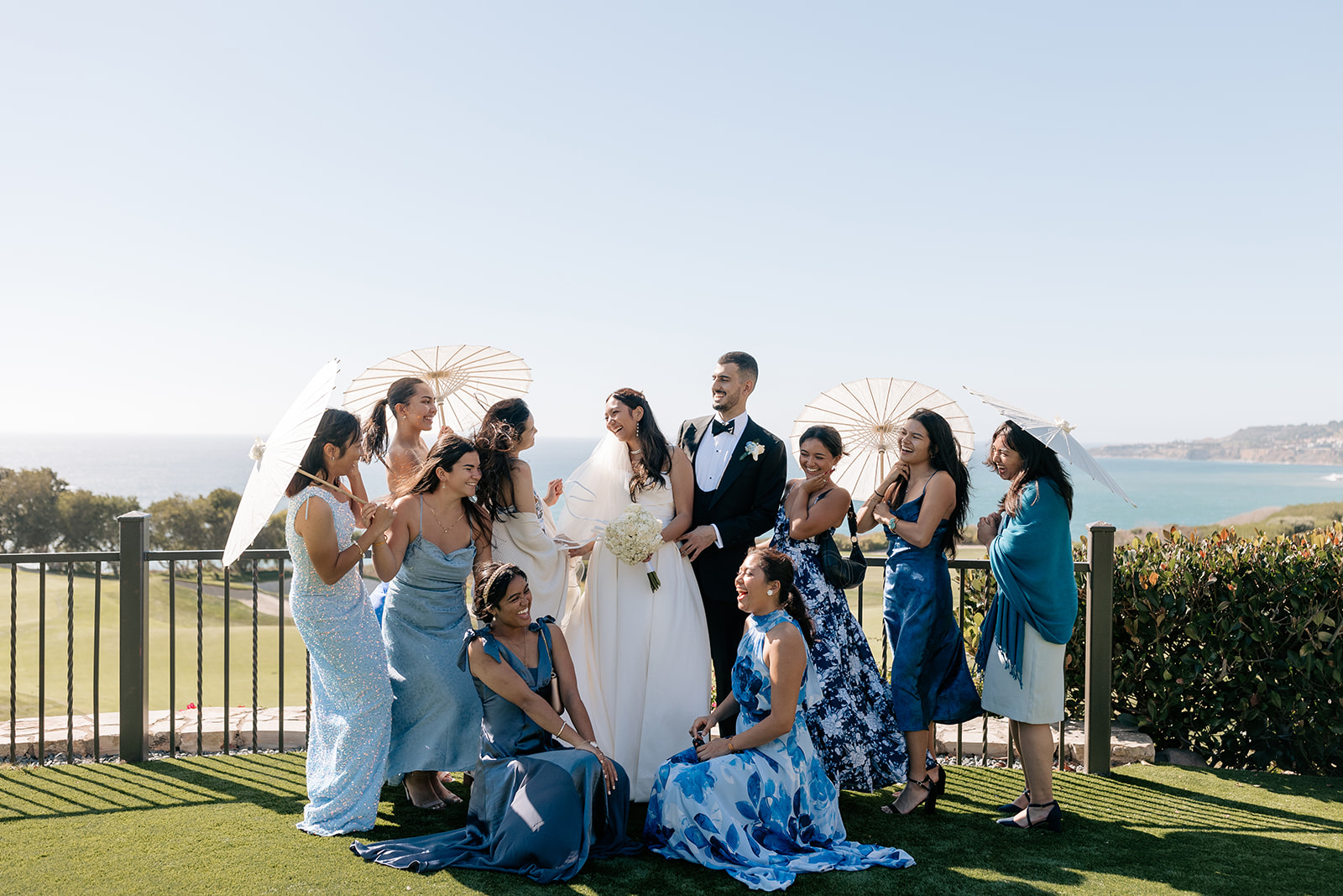 elegant palos verdes socal california wedding elopement blue mismatched bridesmaid dresses groomsmen attire party pics