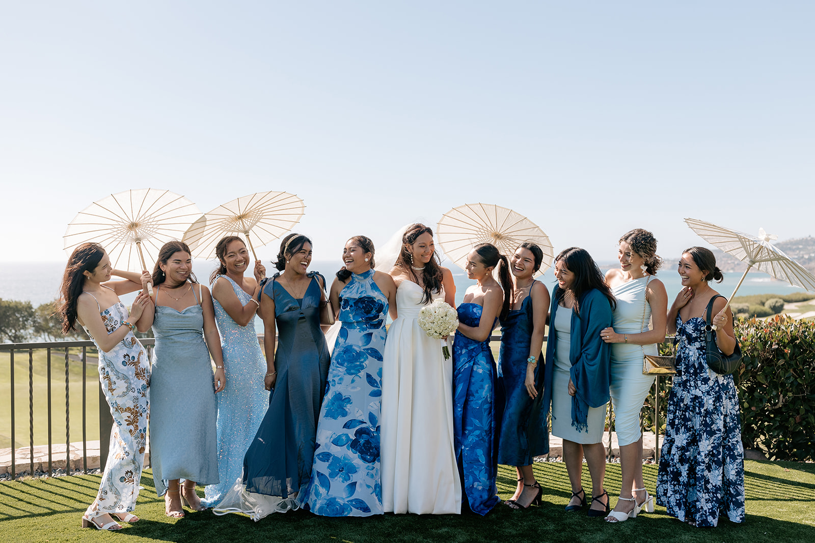 elegant palos verdes socal california wedding elopement blue mismatched bridesmaid dresses groomsmen attire party pics
