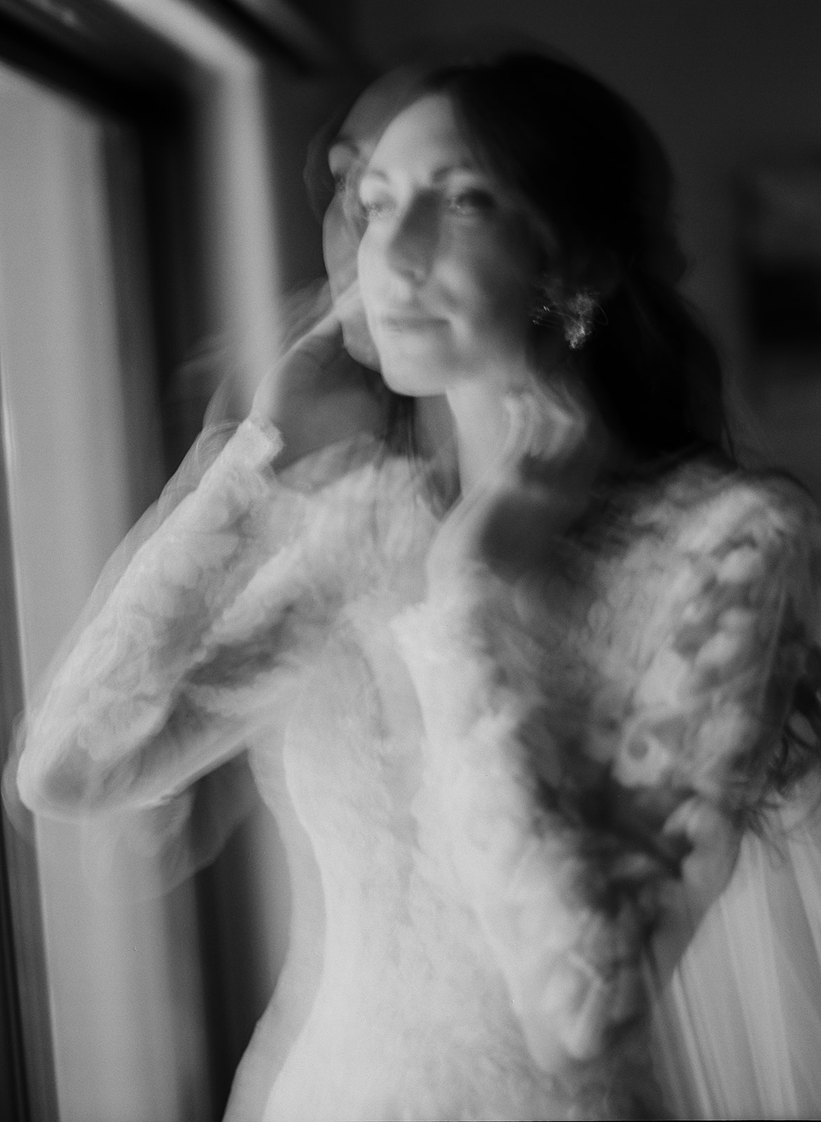 blurry creative film bridal portraits in black and white brianna kirk photography