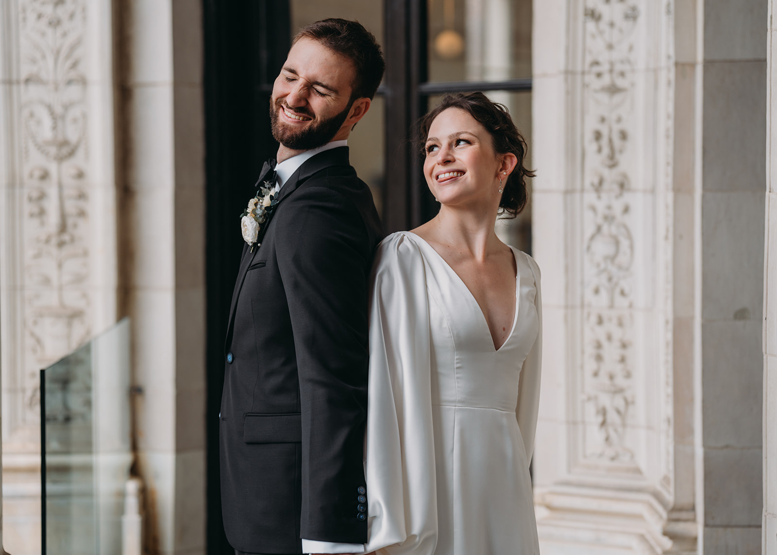 bride and groom laugh at each other at Patterson Mansion Wedding in Washington DC
