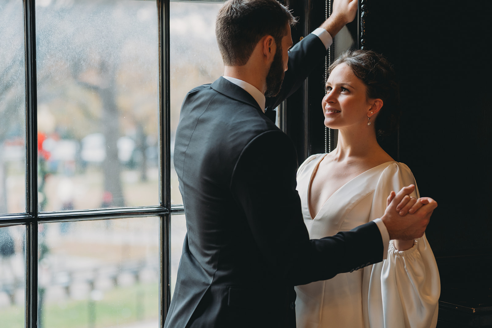 bride and groom look into each others eyes at Patterson Mansion Wedding in Washington DC