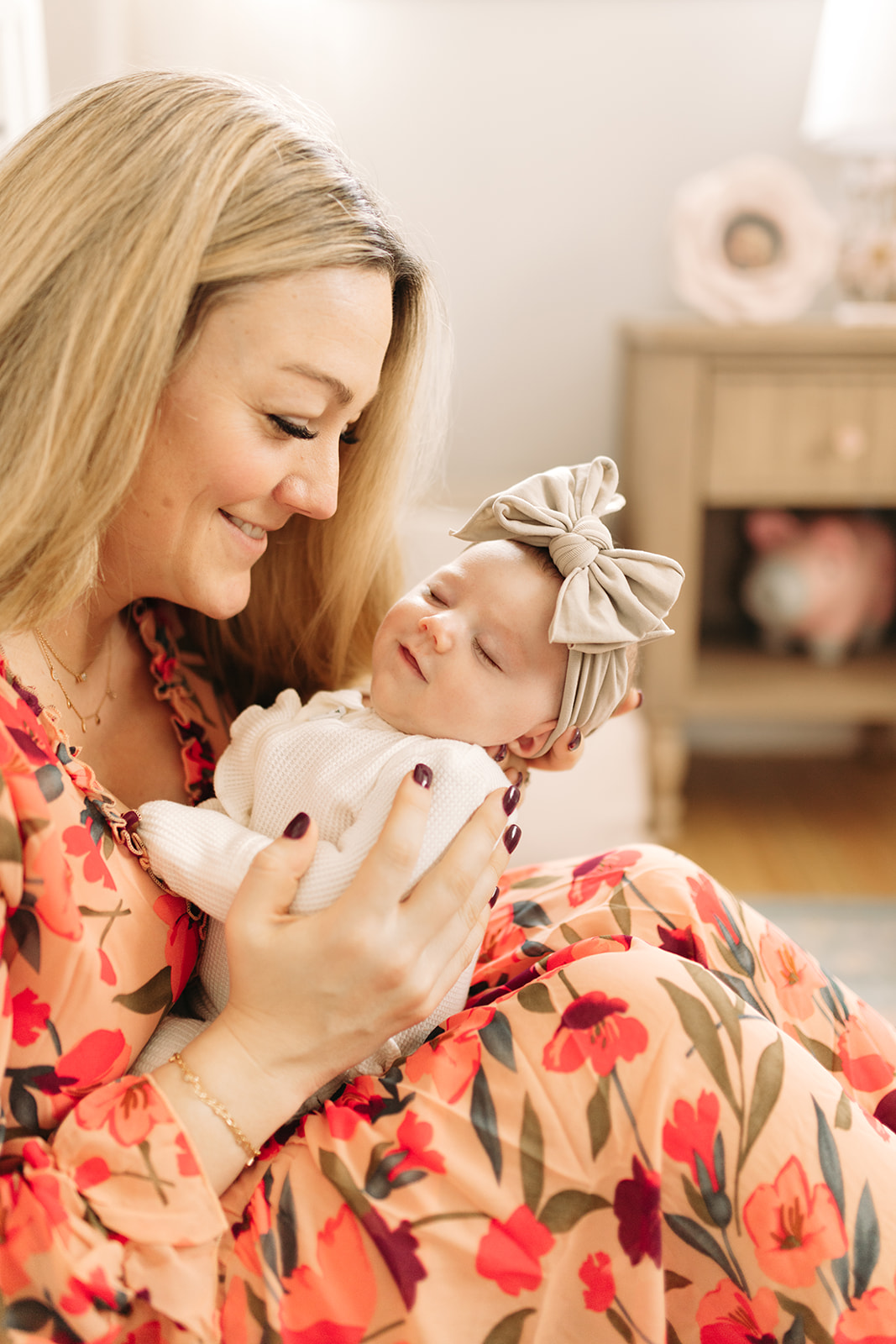 Denver Baby Girl Newborn Photos in Blush Pink Nursery lifestyle photos of new mama