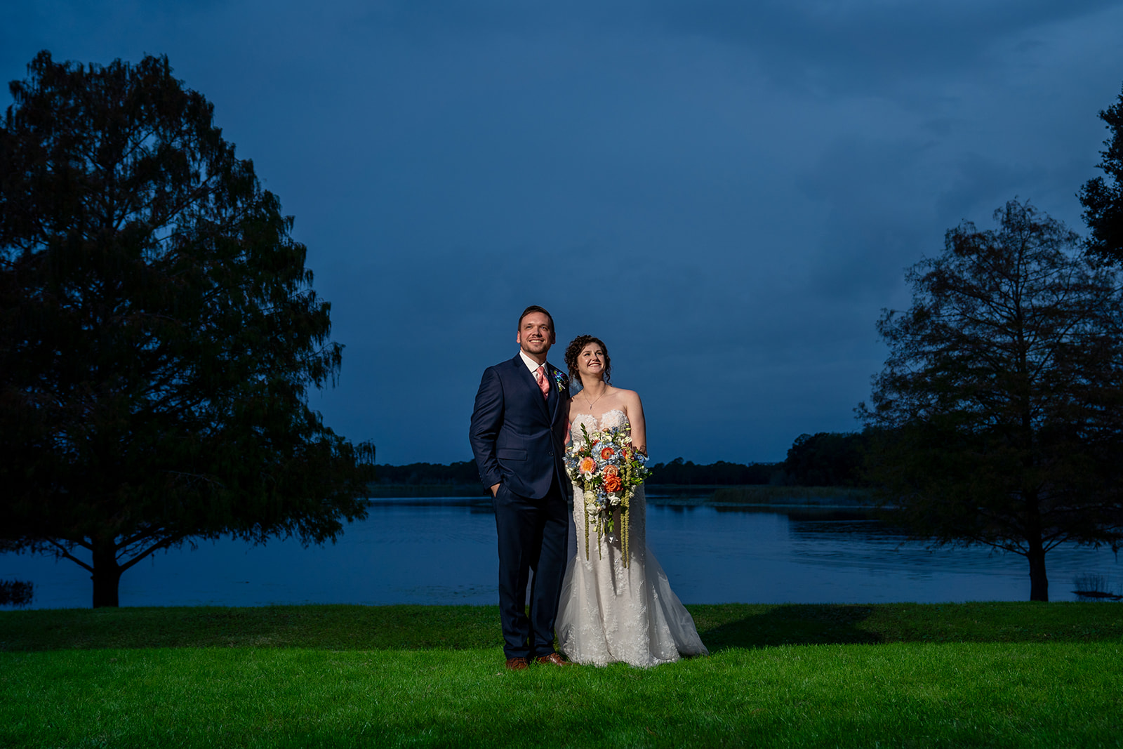 Sunset photo with bride and groom at Lake Mary Events Center