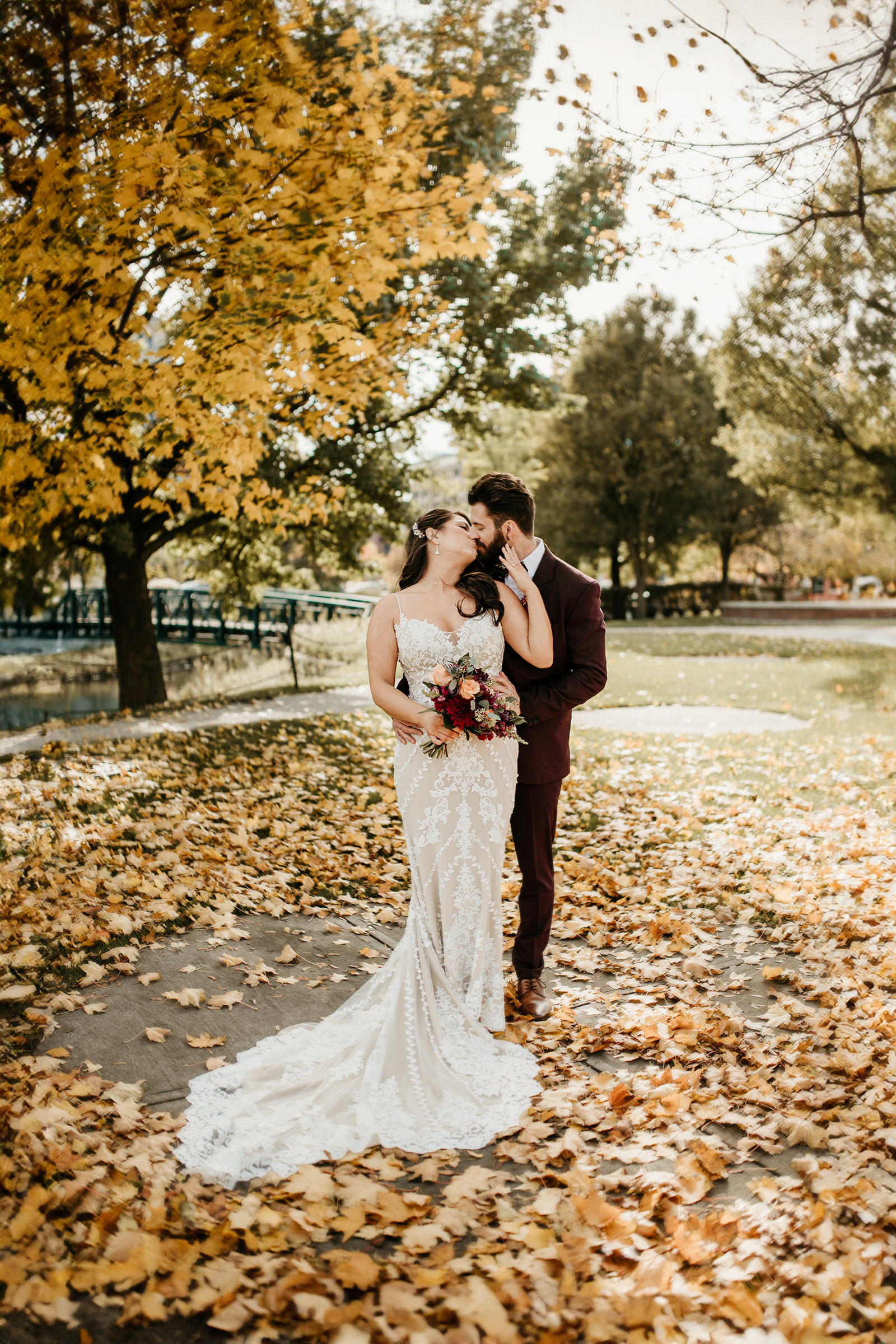 wedding couple in fall in Downtown Kalamazoo Michigan