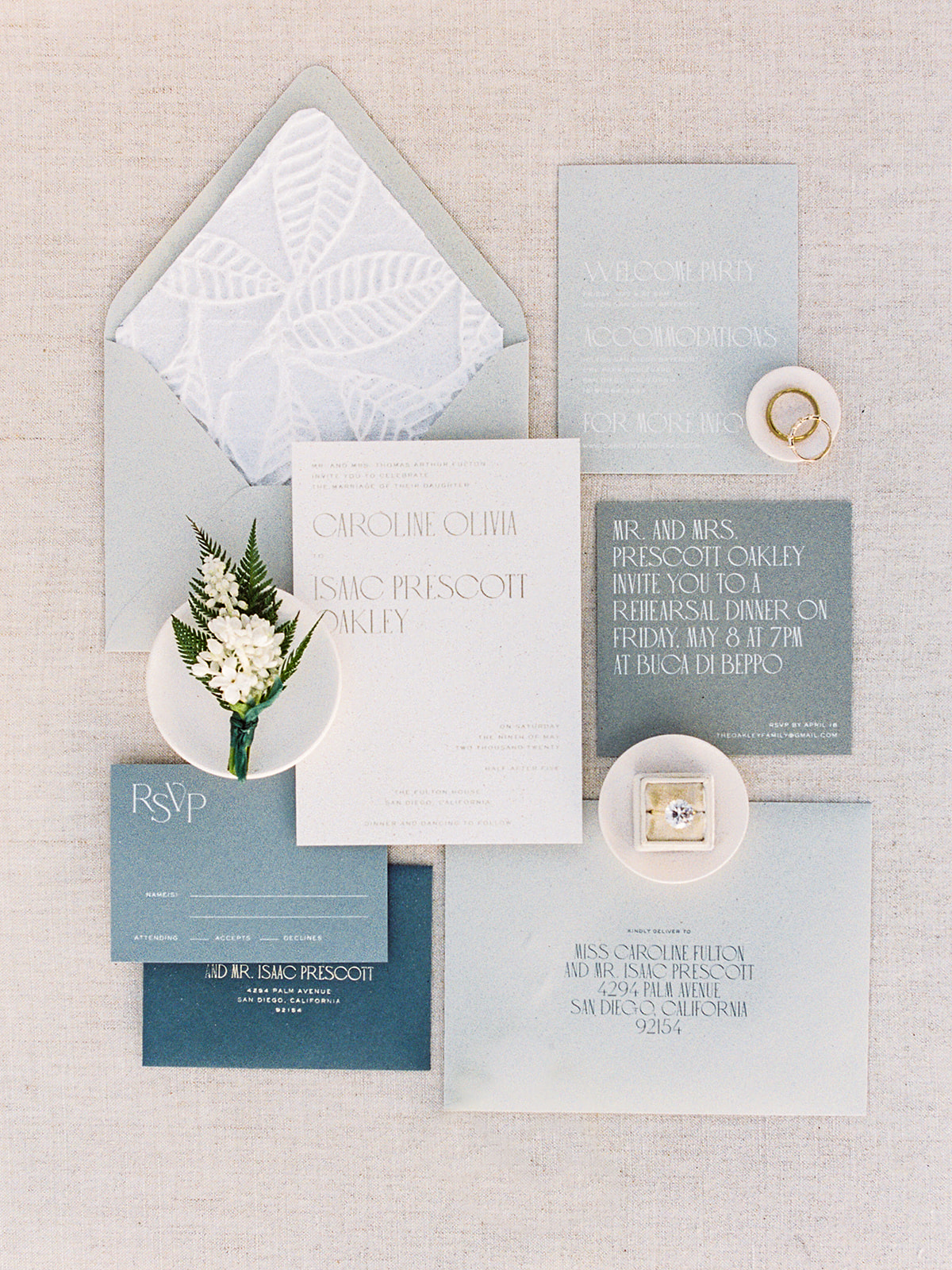 Mission Beach Elopement Flatlay Paper goods by Isadore Augustine ||
Luxury Film Photographer Sage & Scarlet Photography