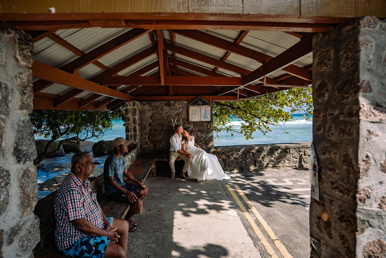 Wedding Photoshoot in Victoria, Seychelles at a bus stop