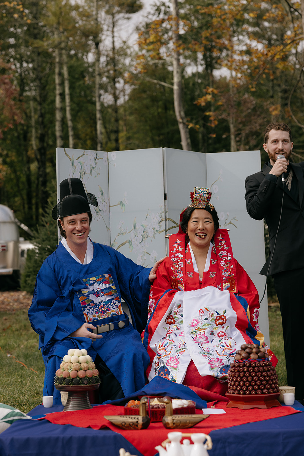 Bride and Groom in Korean ceremony at Autocamp Catskills in Upstate New York 