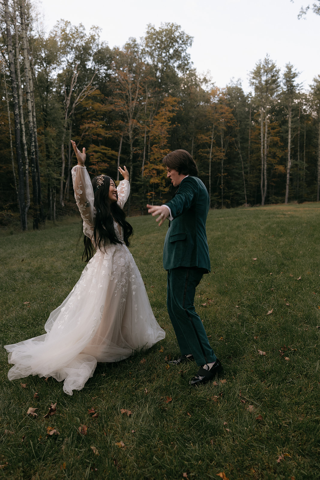 Bride and groom have fun during their wedding day at Autocamp Catskills in Upstate New York 