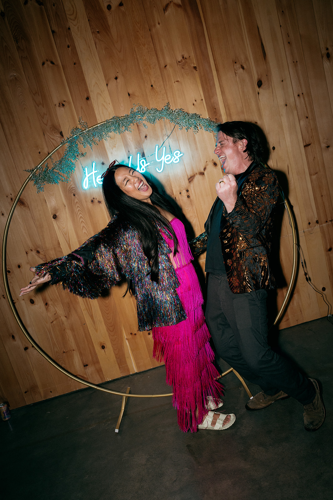Bride and Groom have fun together during wedding reception at Autocamp Catskills in Upstate New York