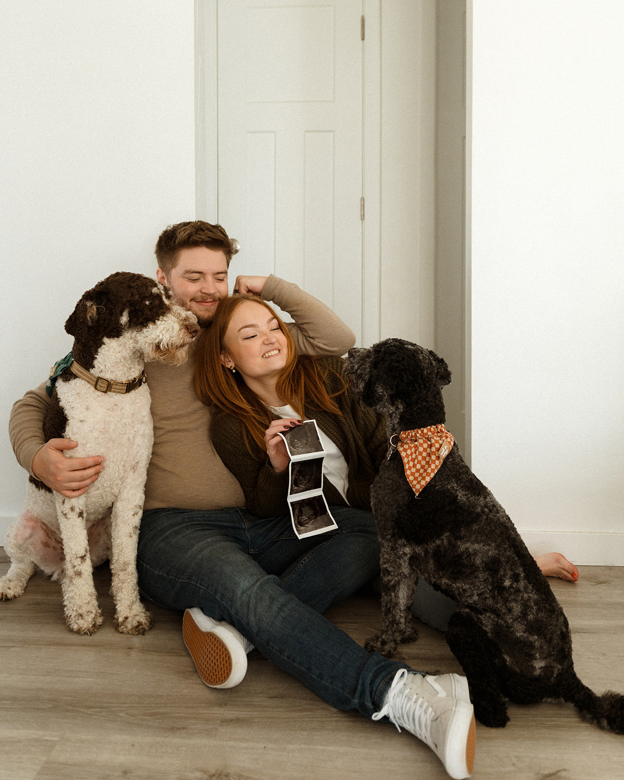 In-home couples session announcing pregnancy with their fur babies!