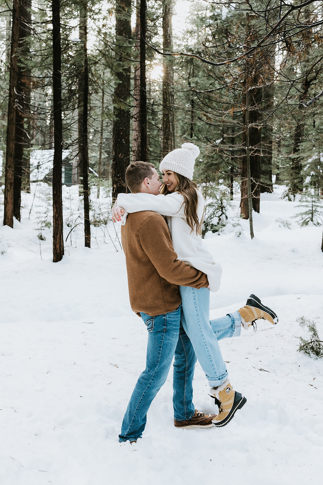 california snowy engagement session