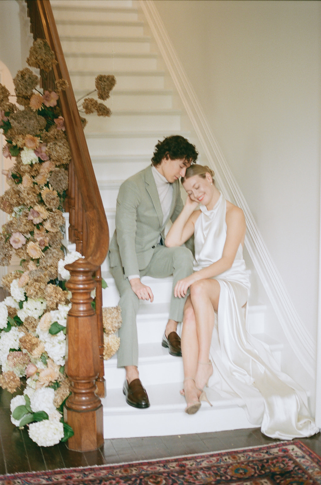 Beautiful bride and groom enjoy a moment alone at their intimate wedding at the Woodbourne Inn, Niagara on the Lake. 