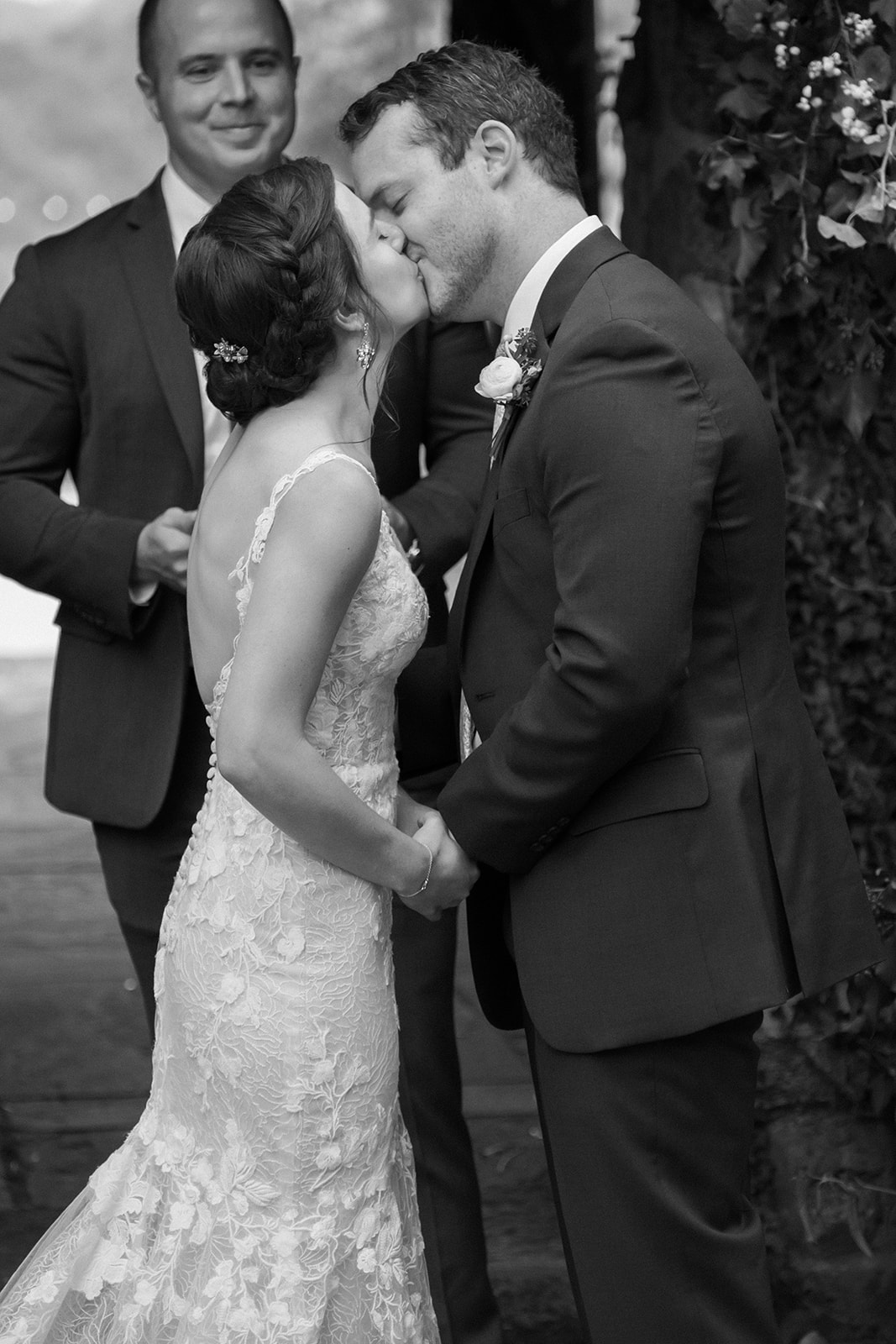 Bride and groom have their first kiss at the Goodstone wedding ceremony