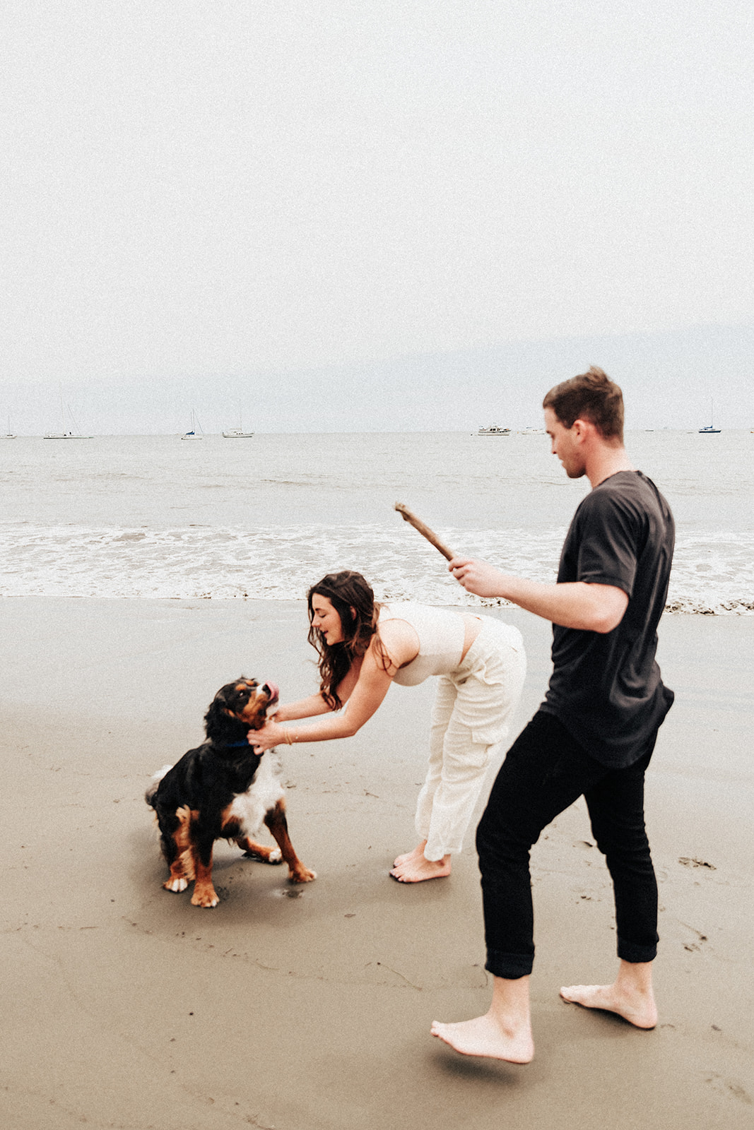 couples session with dog on beach