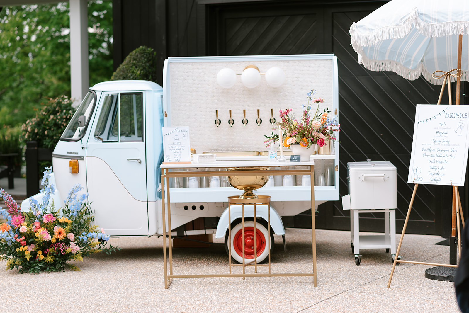 al-fresco garden italian inspired engagement party, tippy tap truck luxury mobile cart