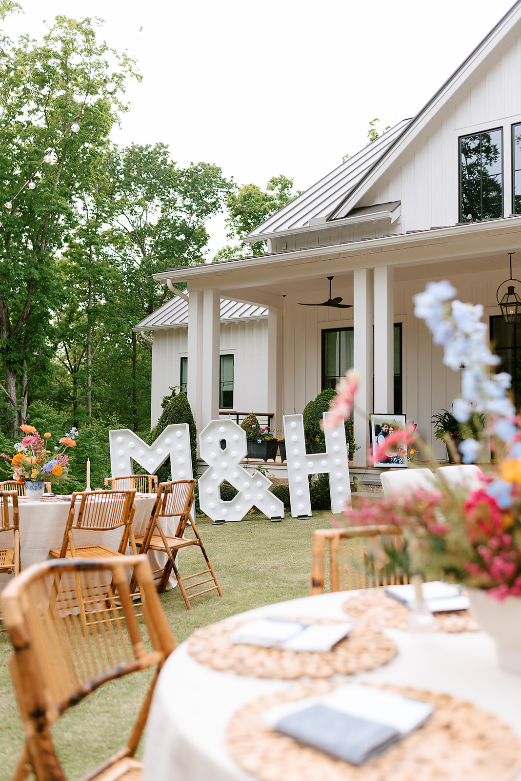 al-fresco garden italian inspired engagement party, simply lit marquee letters